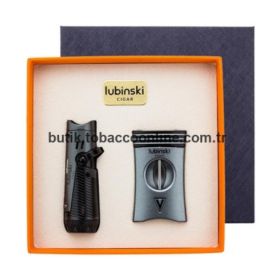 Lubinski Metal Gri Puro Seti (1 Torch Çakmak, 60 Ring V-Cut Puro Kesici)