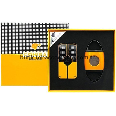 Cohiba Metal Sarı/Siyah Puro Seti (3 Torch Çakmak, 60 Ring Puro Kesici)