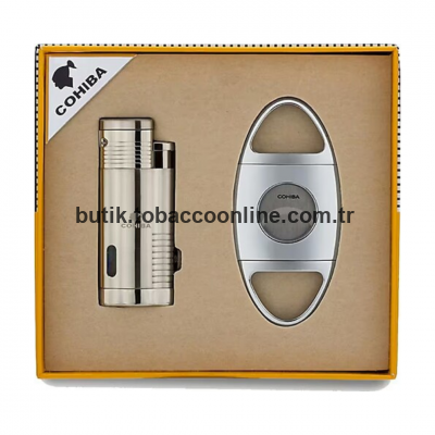 Cohiba Metal Silver Puro Seti  3 Torch Çakmak + 58 Ring Kesici