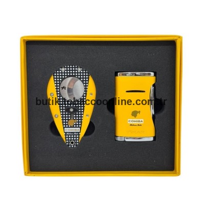 Cohiba Sarı Kareli Puro Çakmağı ve Kesici Seti