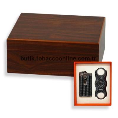 Humidor Puro Kutusu Karbon Çakmak Kesici Seti