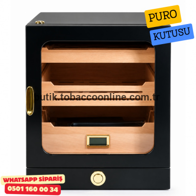 Siyah Gold Aksesuar Çekmeceli Cam Kapaklı 3 Renk LED'li Humidor Puro Kutusu
