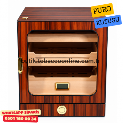 Kahverengi Gold Aksesuar Çekmeceli Cam Kapaklı 3 Renk LED'li Humidor Puro Kutusu
