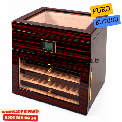 3 Raflı LED’li Özel Nemlendirme Bölgeli Humidor Puro Kutusu