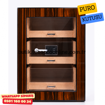 Ahşap 3 Raflı İspanyol Sedir Ağacı Nemlendiricili Cam Kapaklı Humidor Puro Kutusu