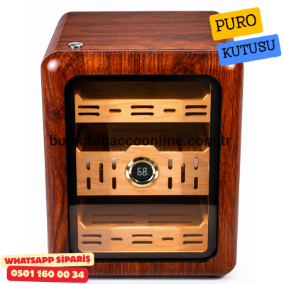 Kahverengi 3 Raflı LED Aydınlatmalı İspanyol Sedir Humidor Puro Kutusu