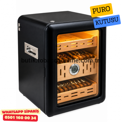 Siyah 3 Raflı LED Aydınlatmalı İspanyol Sedir Humidor Puro Kutusu
