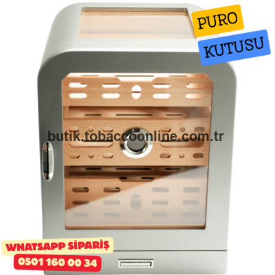 Cohiba - Aksesuar Çekmeceli Camlı Sedir Humidor Puro Kutusu (Gunmetal)