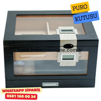 Çift Nem Ölçerli Camlı Sedir Humidor Puro Kutusu (Siyah)