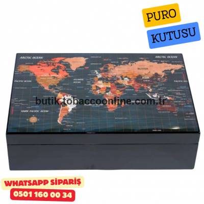Dünya Haritası Desenli Sedir Humidor Puro Kutusu (Siyah)