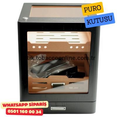 Siyah Aksesuar Çekmeceli Camlı İçi Ledli Humidor Puro Kutusu
