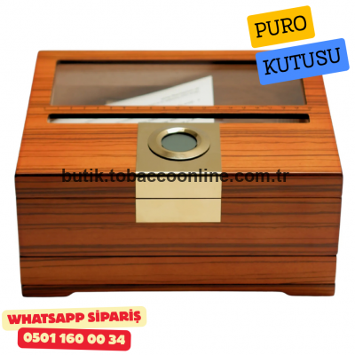 Puro Boyut Ölçüm Yüzeyli Camlı Sedir Humidor Puro Kutusu (Kahverengi)